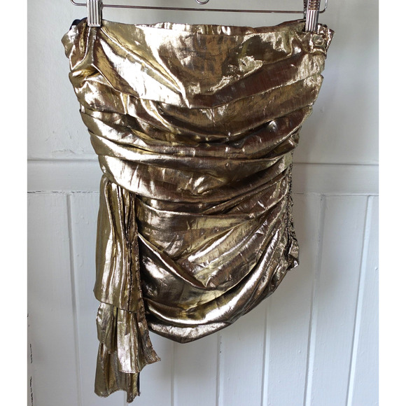Vintage Helene Sidel Top 10 Gold Metallic Ruched Strapless Party 90s Retro Glam - Picture 1 of 11